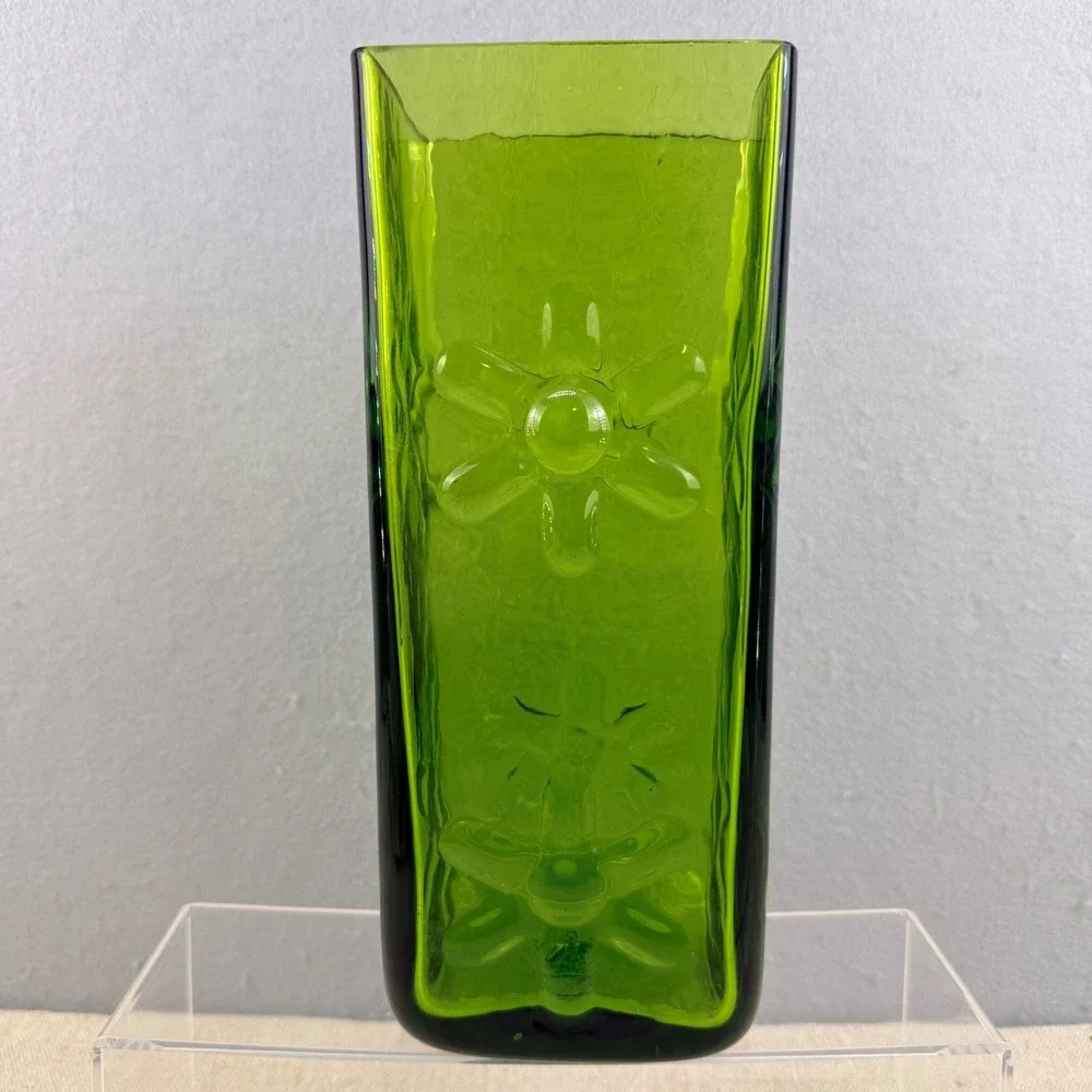 Blenko 6115M‎ Olive Green Asterisk Daisy Block Vase Wayne Husted 10.5